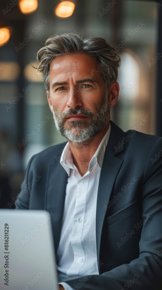 Poster a man in a business suit sitting in front of a laptop computer, typing and working on business tasks