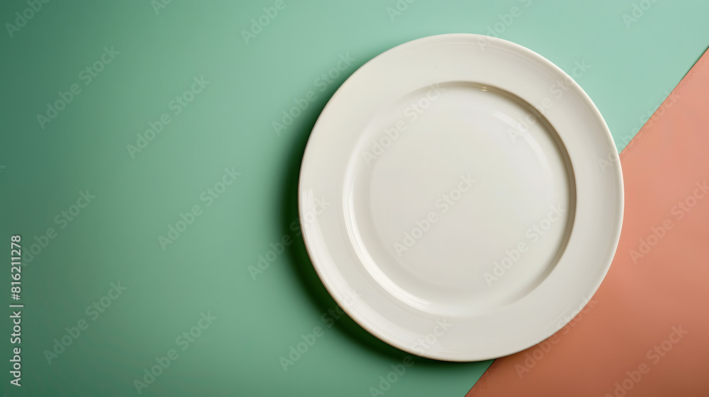 Aufkleber Top view on colored background empty round white plate on tablecloth for food Empty dish on napkin with space for your design : Generative AI