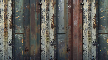 A detailed montage of various aged metal surfaces and weathered bricks, each panel displaying unique corrosion, paint, and texture patterns.