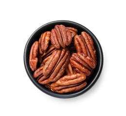 Many tasty pecan nuts isolated on white, top view