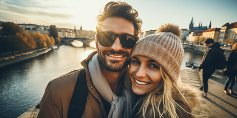 Feliz pareja de jóvenes turistas tomándose fotos selfie para su blog de viajes en el skyline de...