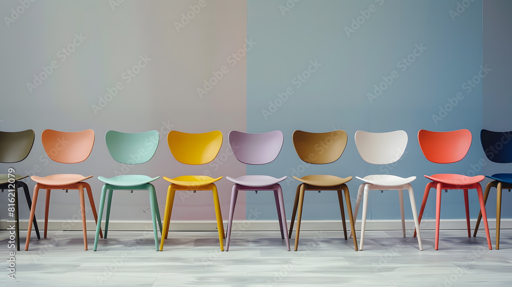Poster chairs in modern design arranged in front of the gradient grey wall for interior or graphic backgrou