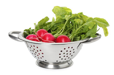 Metal colander with fresh radishes isolated on white