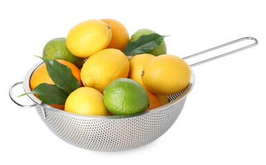 Metal colander with citrus fruits isolated on white
