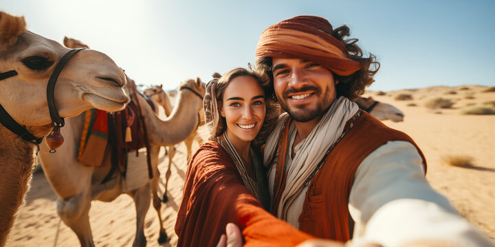 Pareja de turistas felices tom&aacute;ndose fotos selfie para su blog de viajes en el desierto del Sahara en Marruecos. Viajes y aventuras por el mundo.
