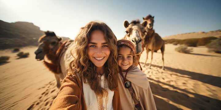 Pareja de turistas felices tom&aacute;ndose fotos selfie para su blog de viajes en el desierto del Sahara en Marruecos. Viajes y aventuras por el mundo.