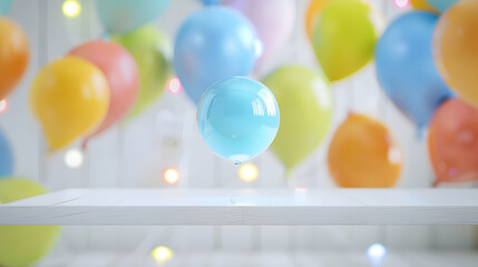 Empty white table top in front blurred happy birthday party decoration background Celebration blank scene with colorful balloons Podium pedestal shelf : Generative AI