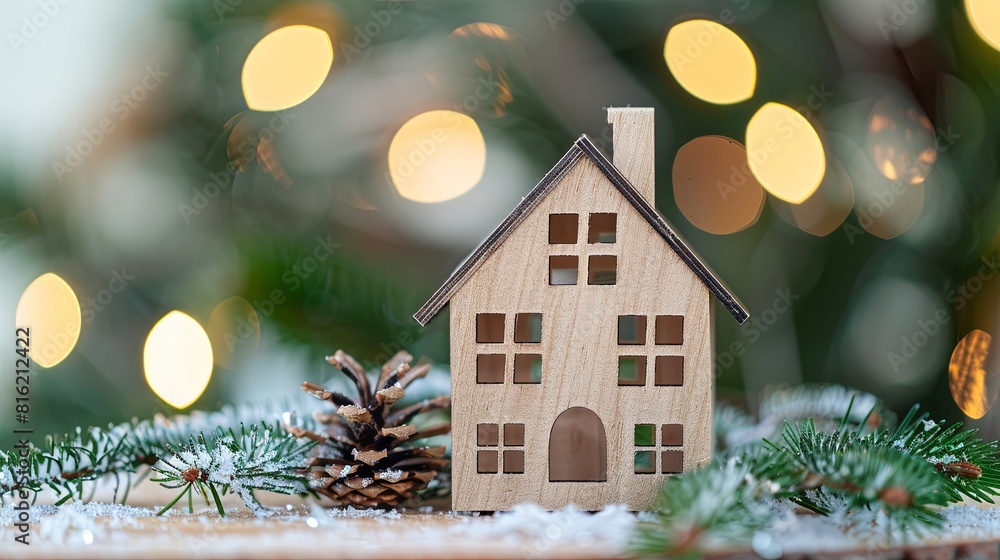 Poster a wooden house placed on a table against a blurred bokeh background, showcasing a miniature setting.