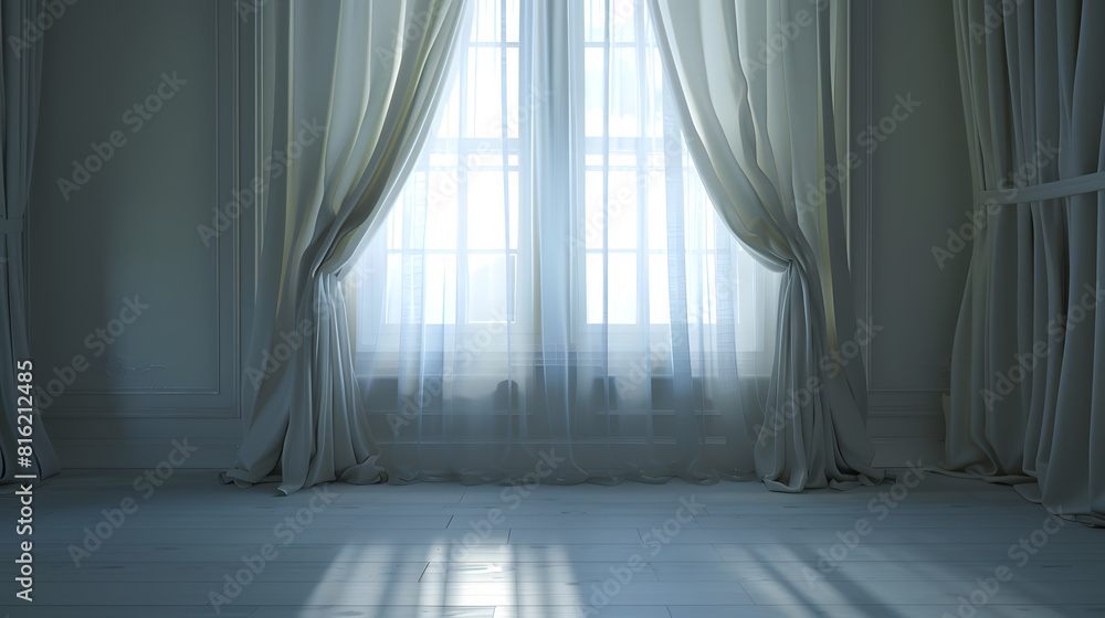 Aufkleber Backlit window with white curtains in empty room : Generative AI