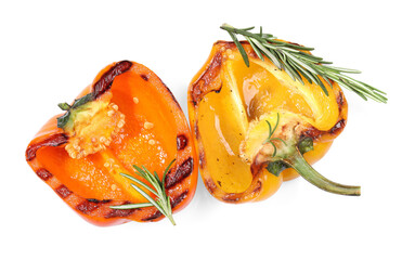 Tasty grilled bell peppers and rosemary isolated on white, top view