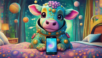 Fototapeta premium oil painting style Baby cow Astronaut Exploring Cosmic Galaxy with Smartphone in Bedroom