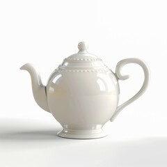 A pristine white teapot sits gracefully on a pure white background