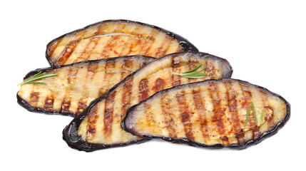 Slices of tasty grilled eggplant and rosemary isolated on white
