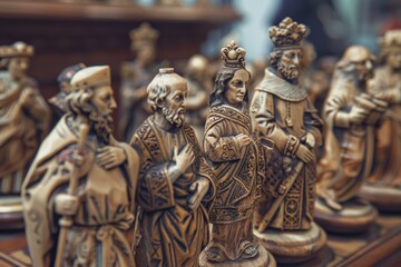 Fototapeta premium Intricate Antique Wooden Chess Set Featuring Carved Historical Figures