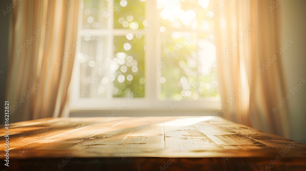Poster wooden table on defocuced window with curtain background : generative ai