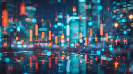 Abstract glowing big data forex candlestick chart on blurry city backdrop. Trade, technology, investment and analysis concept. Double exposure