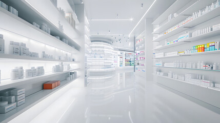 Spacious modern new white drugstore pharmacy chemists store with shelves full of medicines pills vitamins painkillers antibiotics without visitors : Generative AI