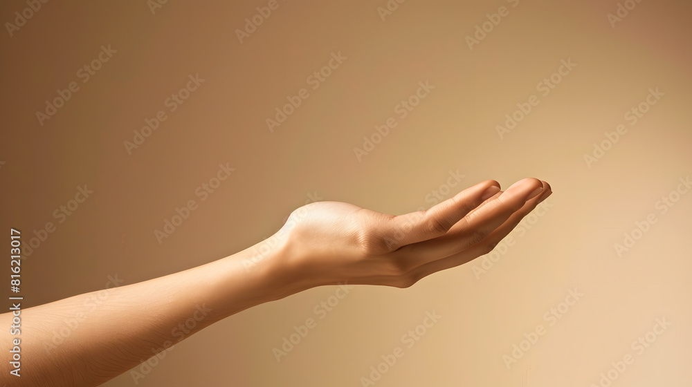 Aufkleber Beautiful woman hand isolated on brown background Empty open female hand on cream background with copy space Close up of elegant palm faced upwards with space for your product : Generative AI