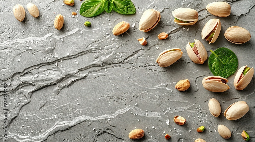 Wall mural   Pistachio nuts, green leaves, gray background Water droplets on nuts and leaves