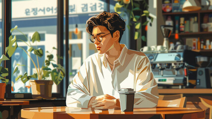 Fototapeta premium Describe a Korea man who is enjoying a rich and mellow coffee in a coffee shop,generative ai