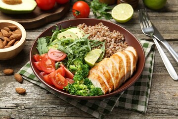 Healthy meal. Tasty products in bowl on wooden table