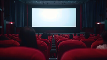 Cinema blank wide screen and people in red chairs in the cinema hall Blurred People silhouettes watching movie performance : Generative AI