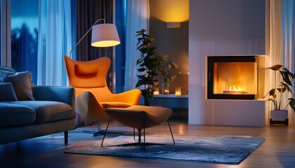 Fototapeta premium Stylish living room with beautiful fireplace, armchair and different decor at night. Interior design