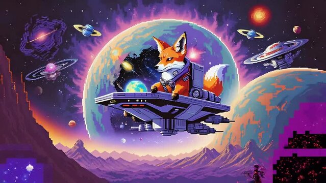 A cartoonish image of a fox in a purple spaceship flying through space. Scene is whimsical and playful, with the fox being the main focus of the scene