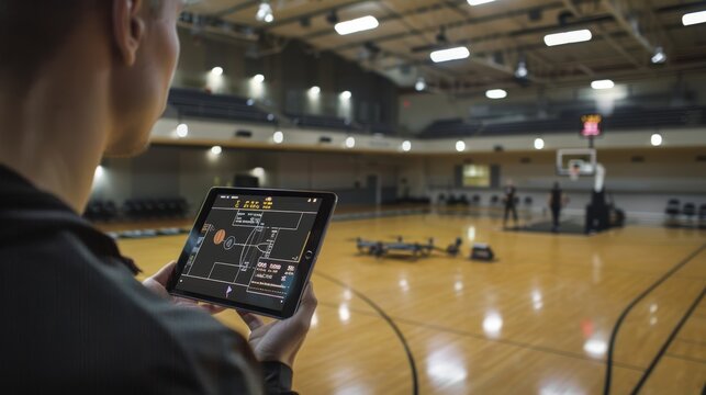 Innovative Basketball Training with Drone Technology in a Modern Gymnasium - Powered by Adobe