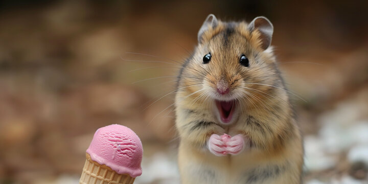 A small and adorable little hamster yawning and eating a ice cream, themes of funny and cute meme viral on internet, banner with blurred background and copy space.