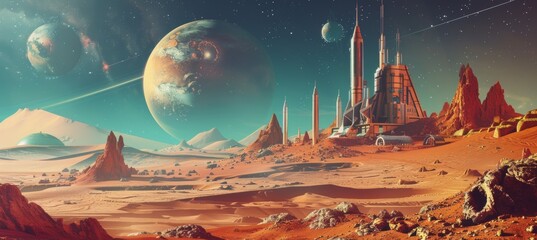 Futuristic Educational Banner on Space Colonization - Timeline of Human Settlement on Mars and the Moon