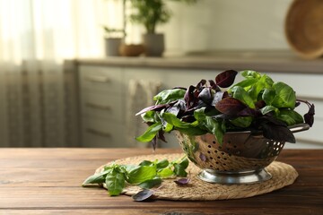 Metal colander with different fresh basil leaves on wooden table in kitchen. Space for text