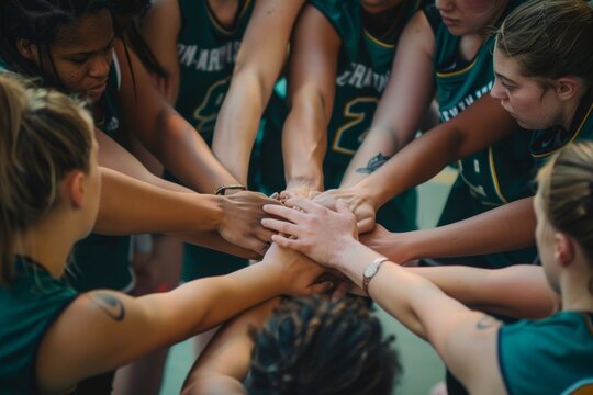 Unified Women's Basketball Team in Huddle, Displaying Team Spirit and Cooperation