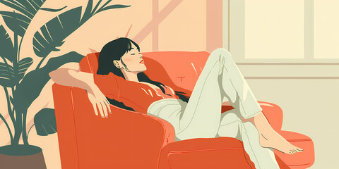 Minimalist artwork showing a woman in a relaxed and lazy posture, embodying tranquility