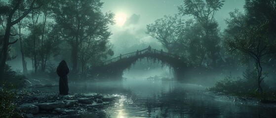 Fantasy forest with a river and stones on the shore. With moonlight, night forest landscape. With smoke, smog and fog. With a bridge over the river. Fantasy landscape. 3D illustration.