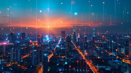 Banner smart city dot point connect with gradient line, connection technology metaverse concept. Bangkok city background at night with big data in Thailand, Panorama view.