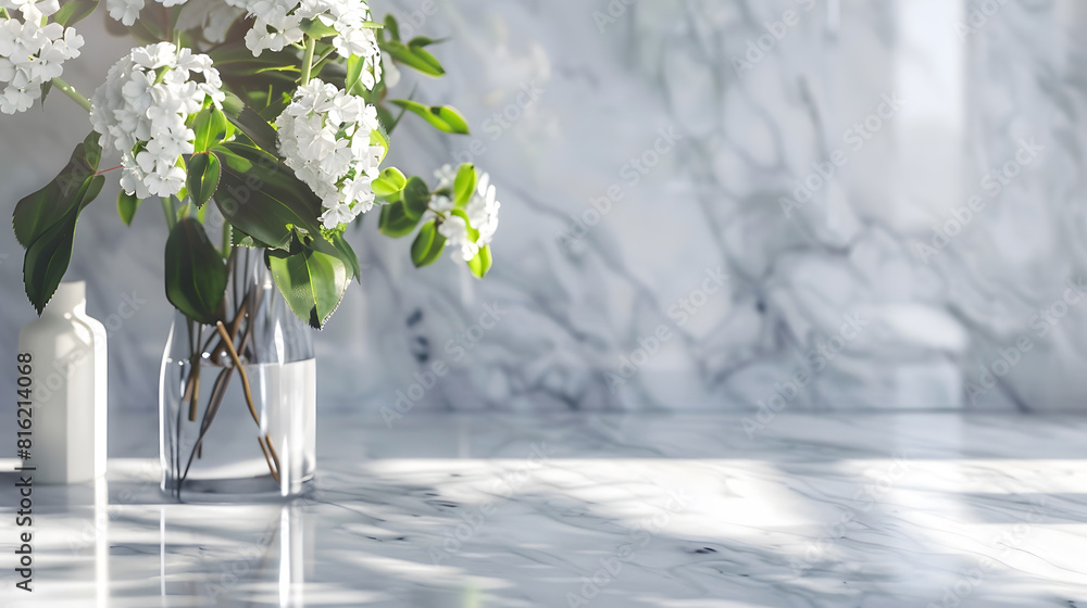 Poster Marble counter table top in bath room background can be used mock up for montage products display or design layout : Generative AI