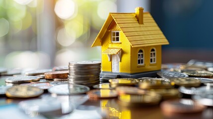 A miniature house model sits atop a stack of coins, symbolizing the concept of buying a home in the new year. Generative AI
