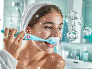 A woman with long dark hair is brushing her teeth with a blue electric toothbrush, her face focused in the mirror.