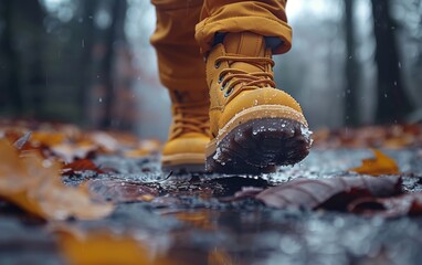 A person wearing yellow boots walks through a puddle of fallen leaves on the ground