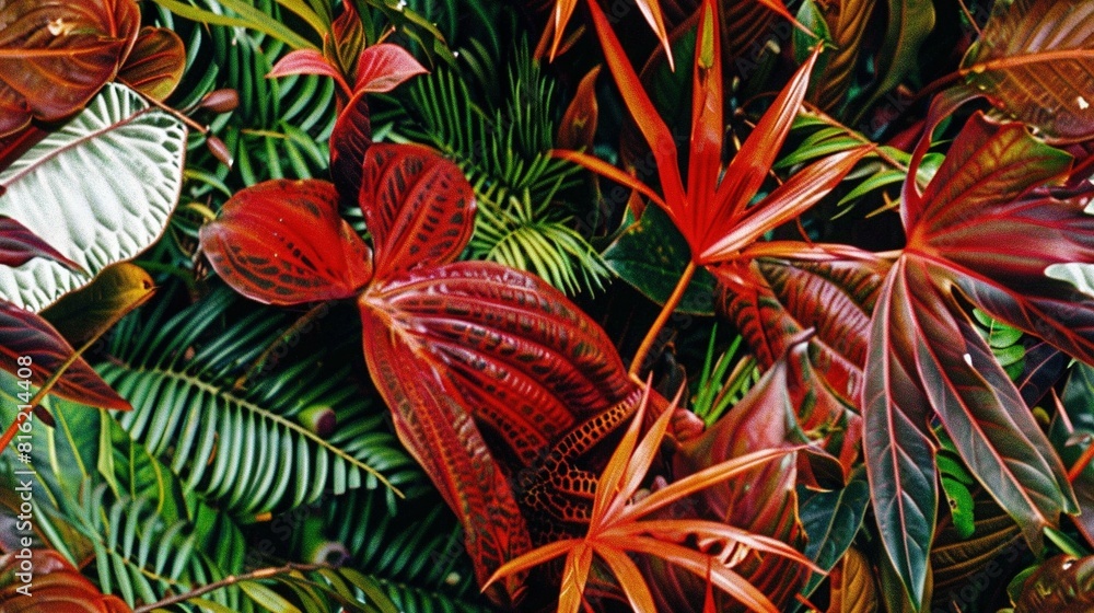 Poster a close-up of a group of plants with both red and green leaves at the top and bottom