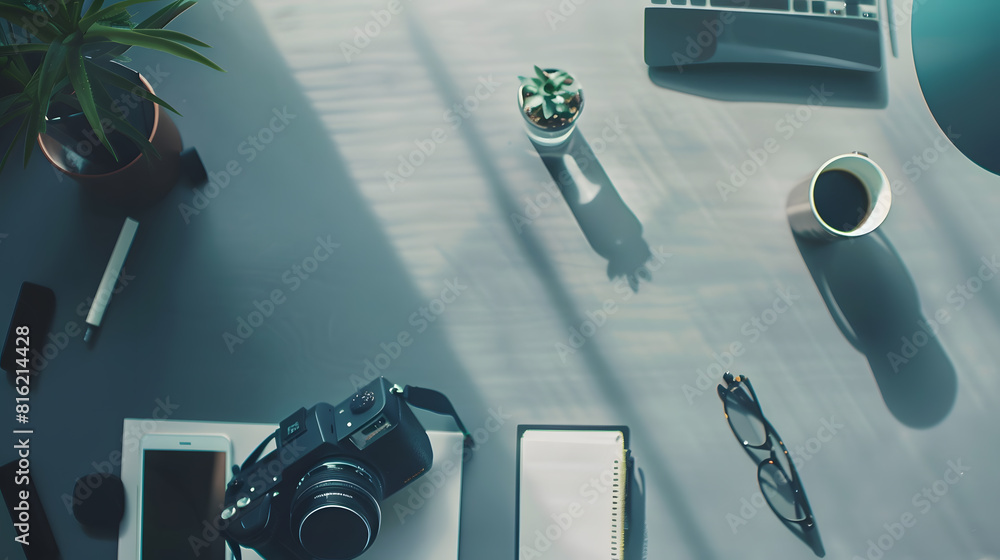 Leinwandbilder top view with copy space of office desk with accessories : generative ai