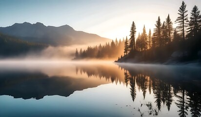 Fototapeta premium nature background of a pristine mountain lake at sunrise, with mist rising from the water and tall pine trees reflected in the calm surface