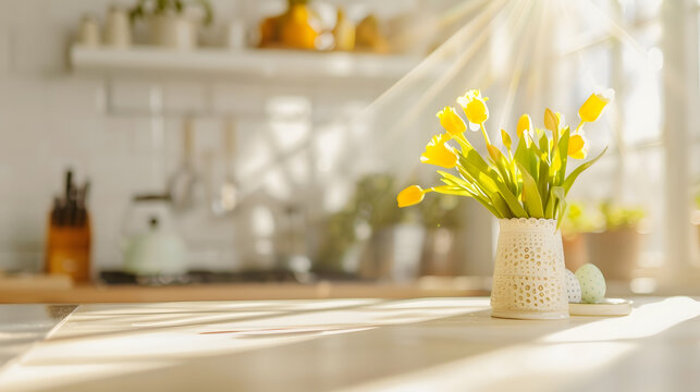 Table background of free space and kitchen interiorWhite wall with shadows and sunny warm morning timeCopy space for your composition Easter table with spring flowers in a sunny April  : Generative AI