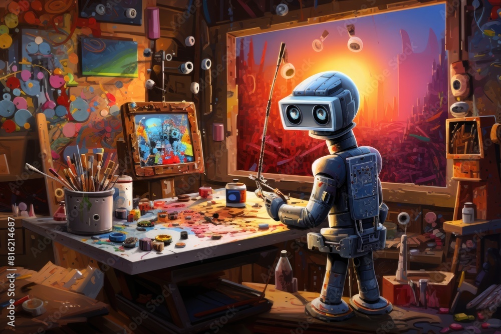 Poster concept of generative ai art technology, robot painting picture in studio. comeliness