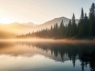 Fototapeta premium nature background of a pristine mountain lake at sunrise, with mist rising from the water and tall pine trees reflected in the calm surface