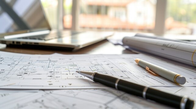 Close-up view of construction estimator desk detailed drawing with cost estimates and blueprints, work in construction estimation. Ai generated
