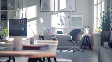 Naklejka premium Interior of a modern light small company office Workspace office stationery and business environment comfort for interaction and development : Generative AI