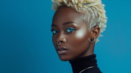 Striking Portrait of a Woman with Bronze Skin and Vivid Blue Eyes