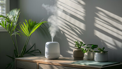 Air humidifier on chest of drawers near green houseplant against grey wall
